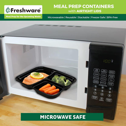 Freshware Meal Prep Containers [15 Pack] 2 Compartment with Lids, Food Storage Containers, Bento Box, BPA Free, Stackable, Microwave/Dishwasher/Freezer Safe (28 oz), Black