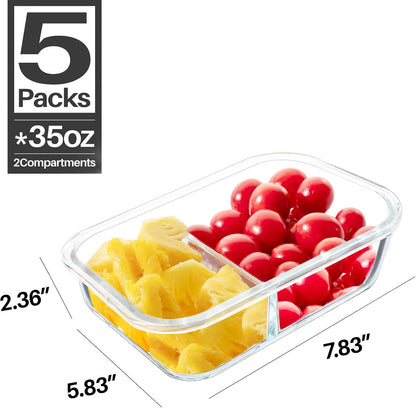 BAYZZ Glass Food Storage Containers, 5 Pack 35 Oz Glass Meal Prep Containers, Lunch Boxes with Airtight BPA-Free Lids, Microwave, Freezer and Dishwasher Safe