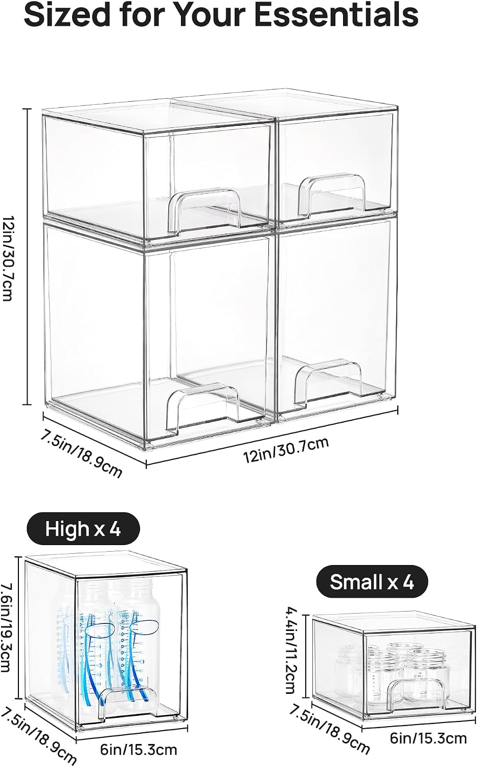 Vtopmart Stackable Storage Drawers Set of 5, Clear Plastic Organizer Bins for Baby Bottle, Beauty Supplies Storage, Ideal for Kichen Countertop, Vanity, Bathroom, Cabinet, Pantry Organization