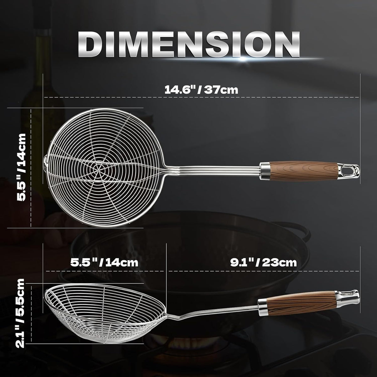 IQCWOOD Spider Strainer with Wood Handle - 5.5 Inch Fryer Scoop