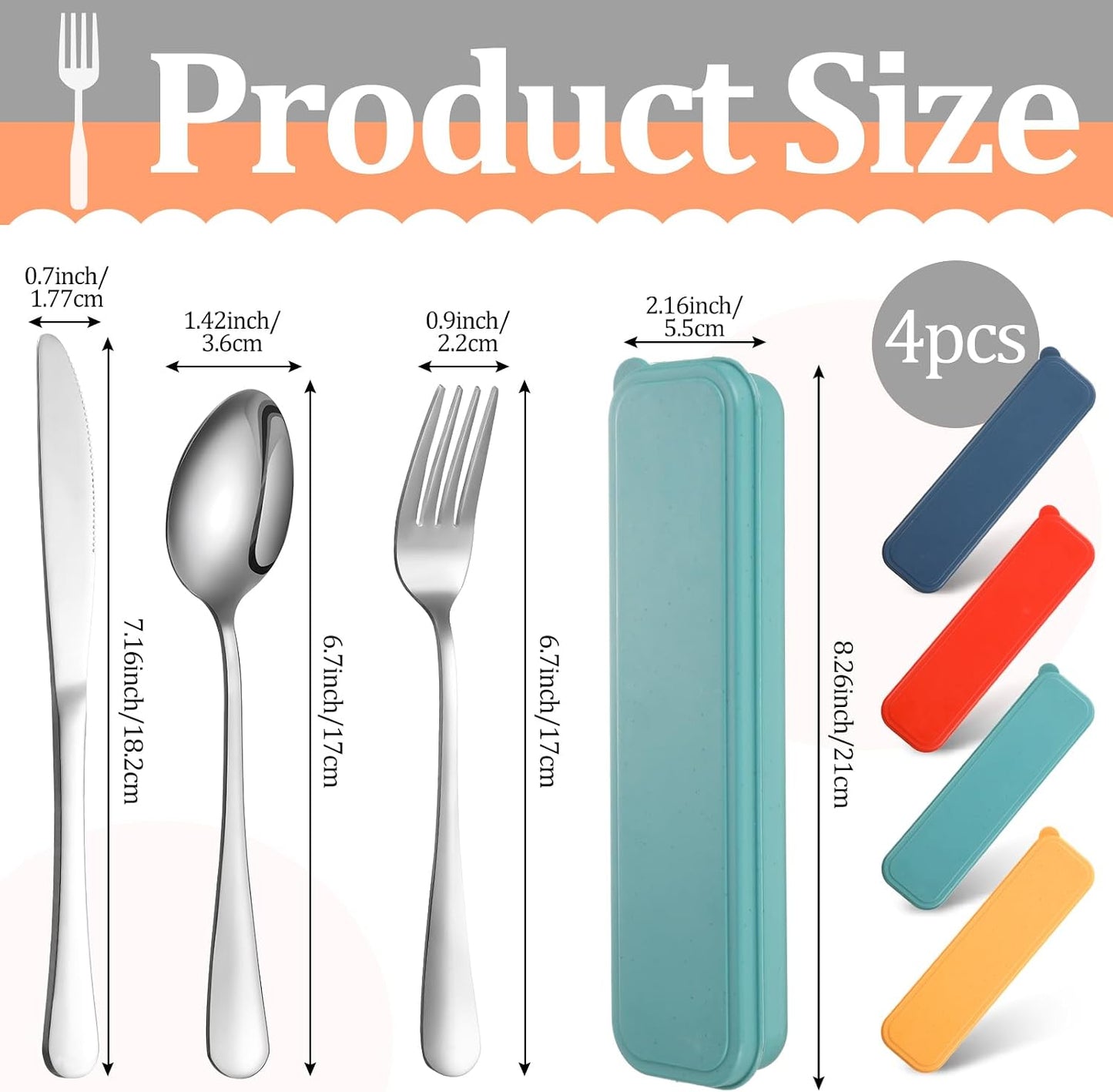Yinkin 4 Pack Portable Travel Utensils Set with Case Reusable Stainless Steel Silverware Flatware Camping Cutlery Include Fork Spoon Knife for Work School Dishwasher Safe(White, Green, Red, Black)