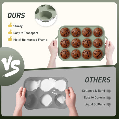 2 Packs 12 Cups Silicone Muffin Pan for Baking with Metal Reinforced Frame Regular Size Cupcake Pan Tray Egg Bites Silicone Cookie Molds Muffin Tin Tart Pans Sheet Set for Oven Dishwasher Safe