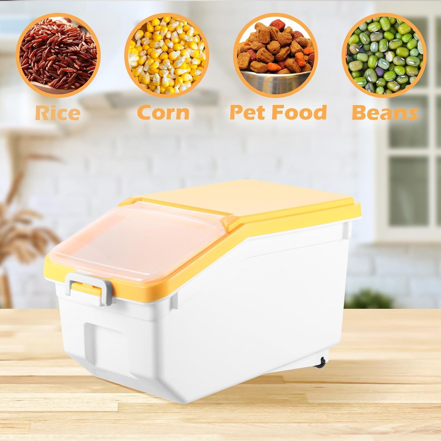 Sunnyray 4 Pcs Rice Storage Containers Bulk Flour Sugar Container Wheels Measuring Cups Set Airtight Pet Dog Cat Birds Food Bin Grain Cereal Organizer Box for Dry Baking (Beige,38 lb)