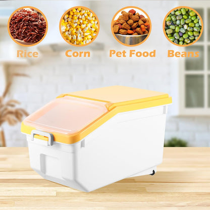 Sunnyray 4 Pcs Rice Storage Containers Bulk Flour Sugar Container Wheels Measuring Cups Set Airtight Pet Dog Cat Birds Food Bin Grain Cereal Organizer Box for Dry Baking (Beige,38 lb)