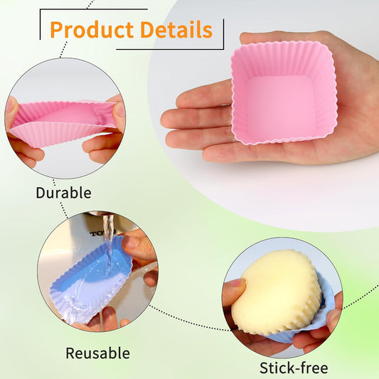24 pcs Silicone Cupcake Baking Cups Dulinkas Reusable Cupcake Liners Non-Stick Baking Muffin Liners Mold Pastry Cake Molds 3 Shapes Multicolor for Lunch Box Dividers