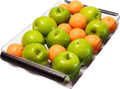 madesmart Fridge Portable Tote, Condiment Caddy with 2 Compartments, Pop-Up Handle & Non-Slip Base, Refrigerator Organizer for Sauces, Jars & Small Items, Clear