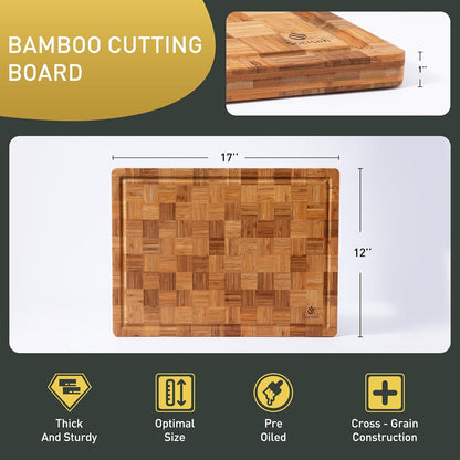 3 Pack Heavy Duty Bamboo Cutting Board Set Non Toxic Wooden Cutting Board for Kitchen Non Slip Solid End Grain Thick Wood Juice Groove Chopping Board Extra Large Butcher Block Best House Warming Gift