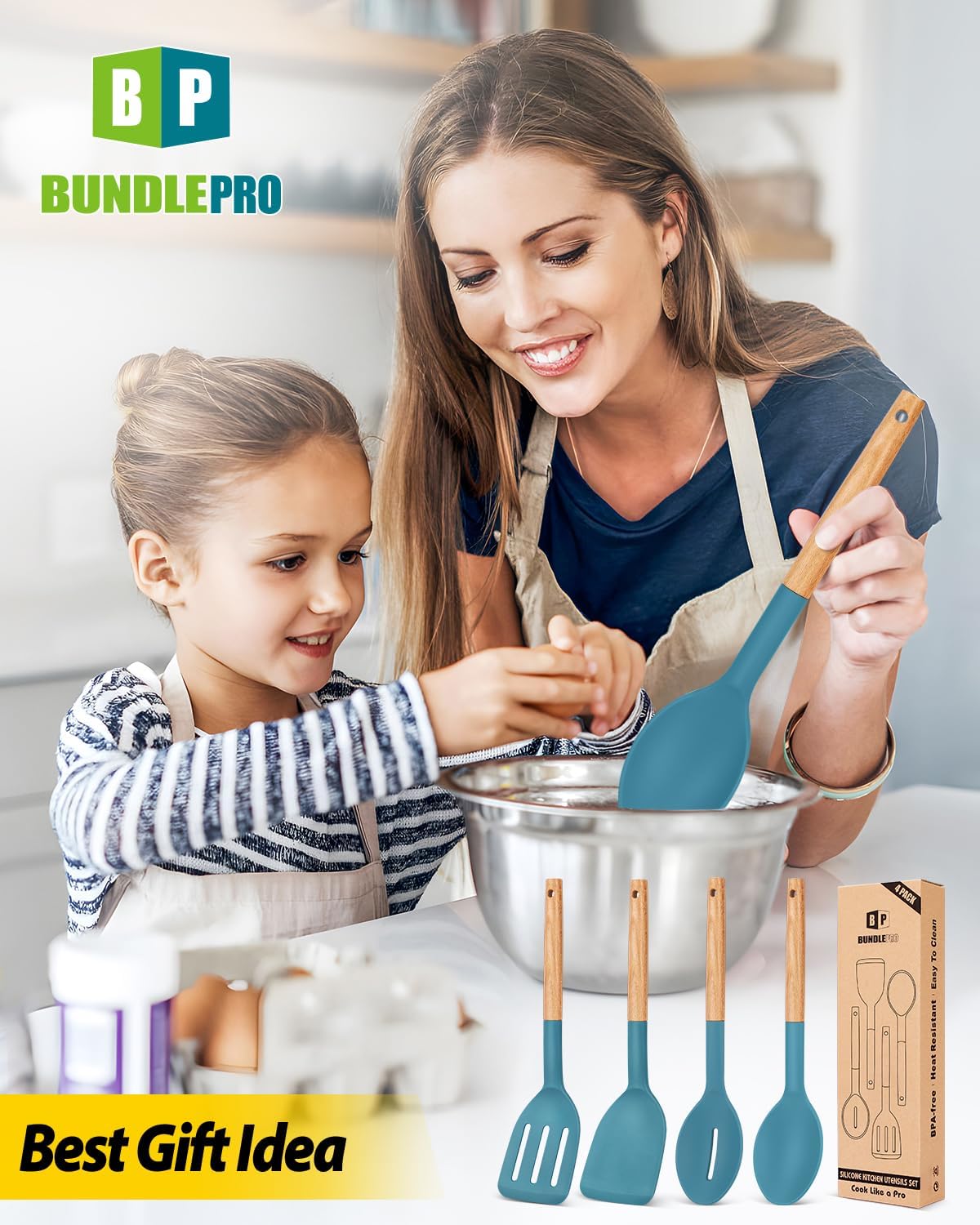 Pack of 4 Silicone Cooking Utensils Set, Non Stick Solid Spatulas and Heat Resistant Slotted Spoons with Wooden Handle, Ideal Wood Kitchen Utensils Set for Frying,Serving,Turning,Stirring (KHAKI)