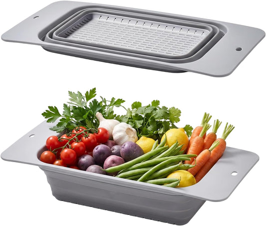 2Pack Collapsible Colander Strainer - Silicone Over the Sink Colander Strainer Drain Basket for Kitchen Sink, Adjustable Strainers for Washing Vegetables Fruits, Draining Cooked Pasta & Drying Dishes