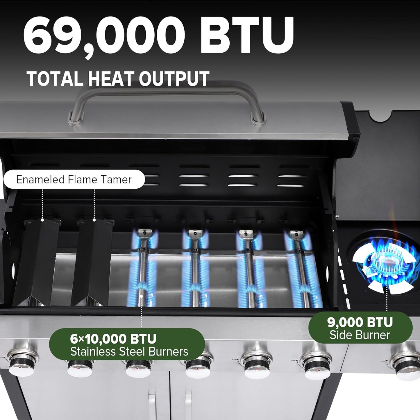 Gas Grill with Side Burner, 3-Burner Propane Grill with Porcelain-Enameled Cast Iron Grates and Double-Wall Insulated Lid, 39,000 BTU BBQ Grill with Wheels for Outdoor Cooking