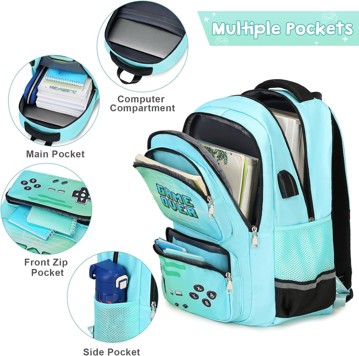 ACESAK Game luminous Boys Backpack - Bento Box with Insulated Lunch Bag Pencil Case, Utensils Set for Kids, 6 Leakproof Compartments Removable Tray Lunches or Snack Container (Blue)