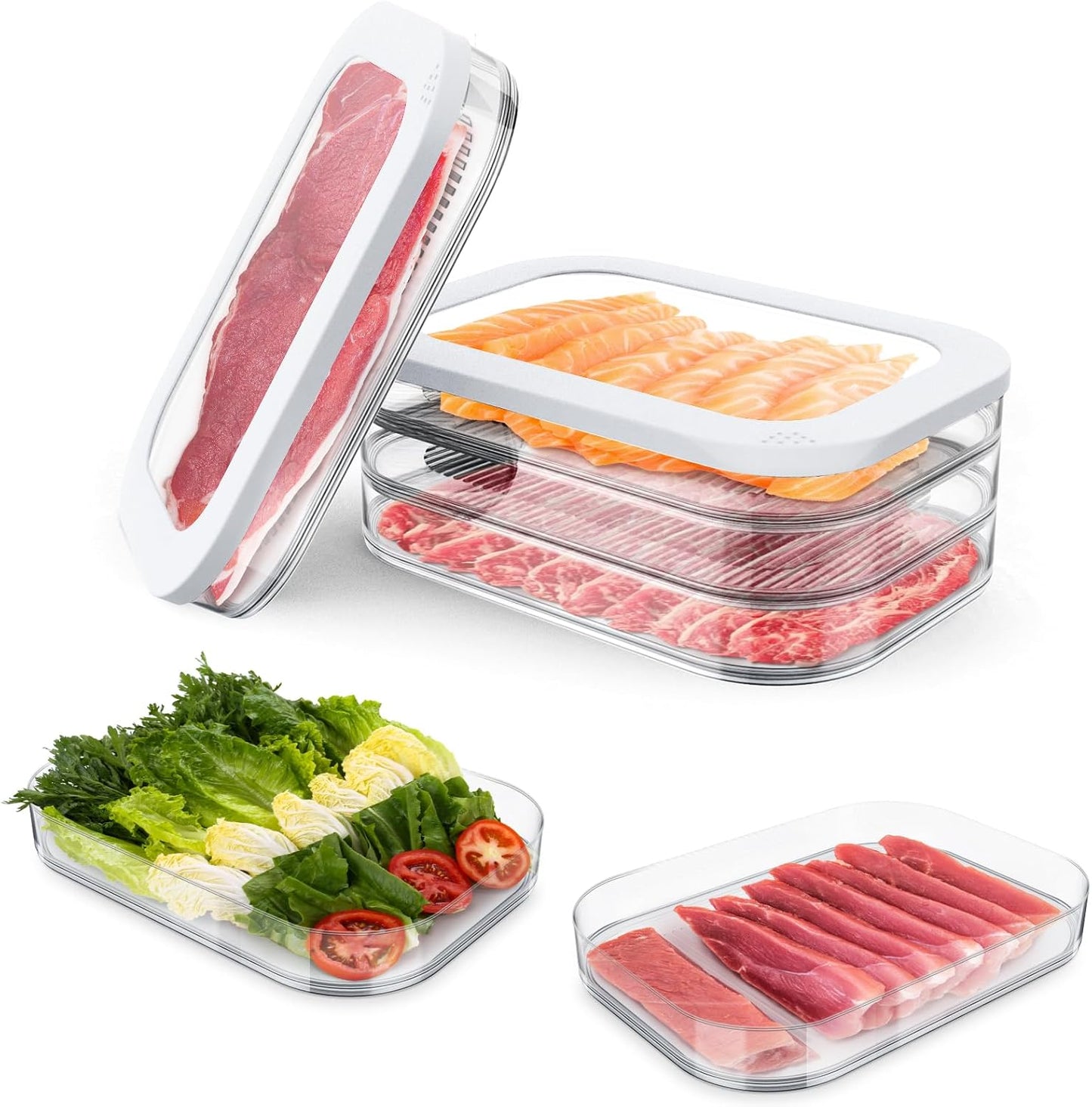 Cecnamt Stackable Deli Meat Container with Drainage Groove and Silicone Lid, Clear Refrigerator Storage Containers for Lunch Meats, Cold Cuts, Bacon, Cheese, BPA Free - 3 Layer