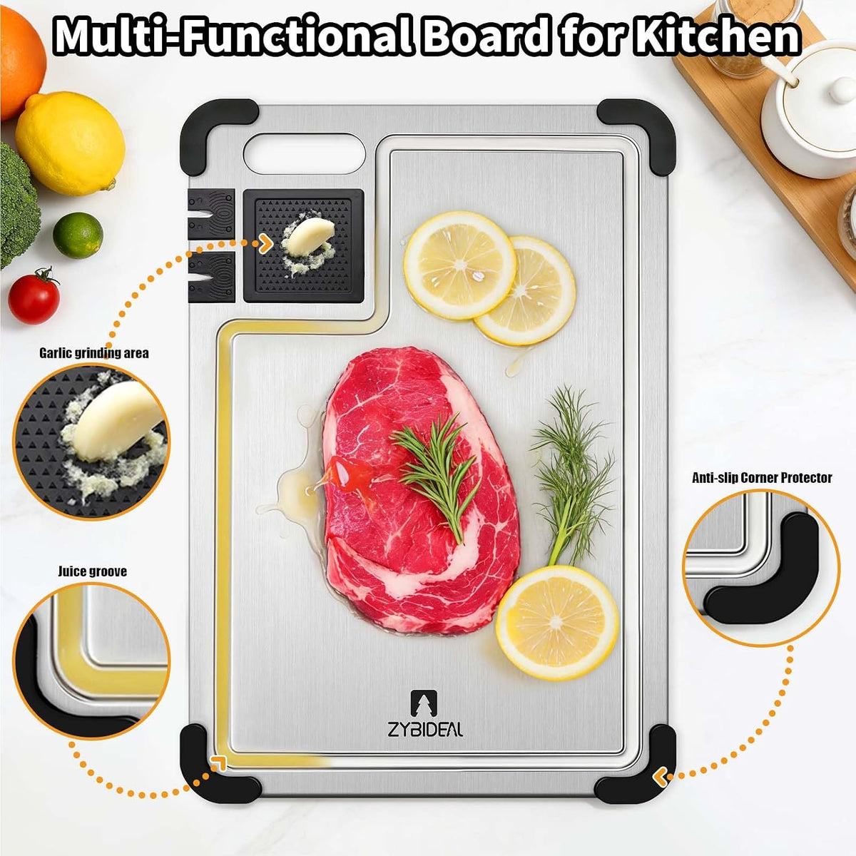 Set of 3 Premium Titanium Cutting Board, Chopping Board with Dual Knife Sharpeners, Juice Grooves, Garlic Grinding Area, Non-Slip Corner Guards, Multi-functional Cutting Board for Kitchen