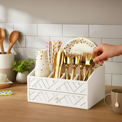 Marsui Paper Plate Dispenser, Wood Rustic Paper Plate Holder for Countertop with Drawer Silverware Utensil Caddy, Cutlery Flatware Organizer for Spoon Fork Napkins Kitchen Parties(Black)