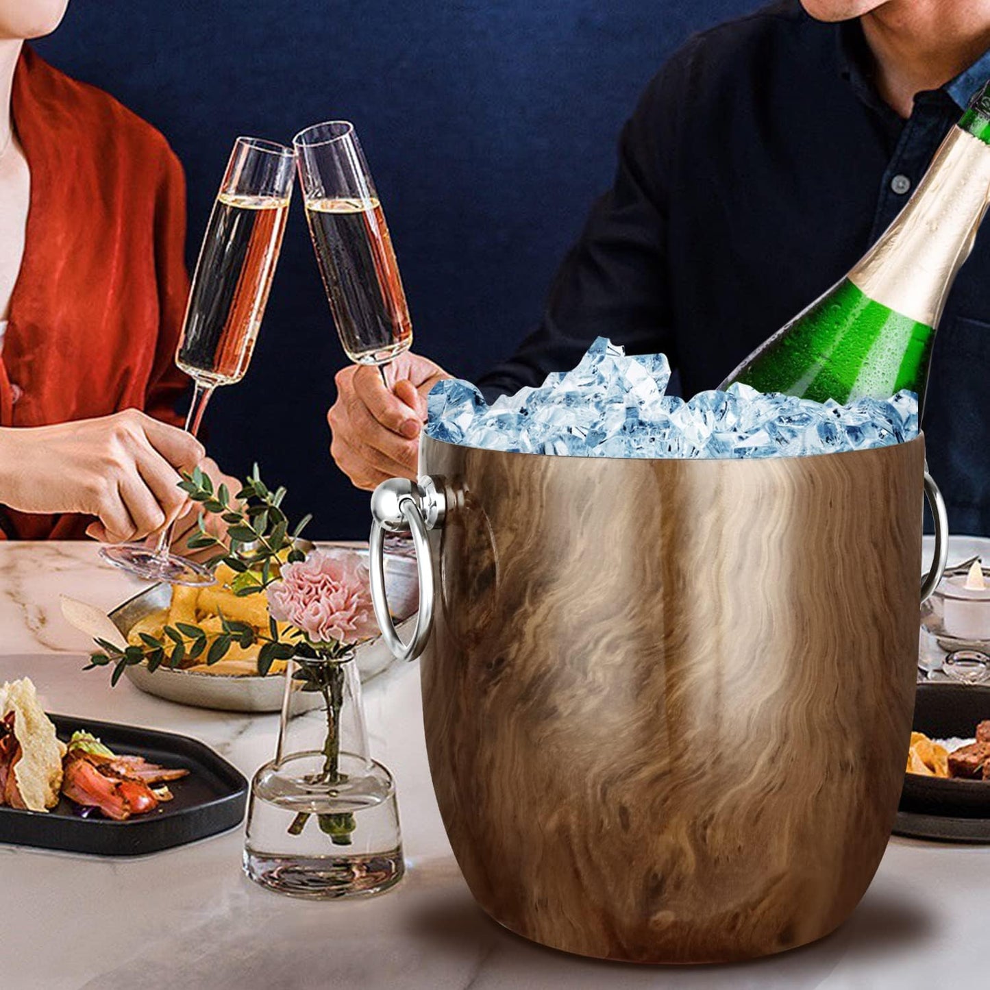 Ice Bucket with Lid, Scoop, Tongs and Strainer - Well Made Insulated Stainless Steel Keep Ice Frozen Longer - Ideal for Cocktail Bar, Parties, Chilling Wine, Champagne - 3 Liter (Stainless Steel)