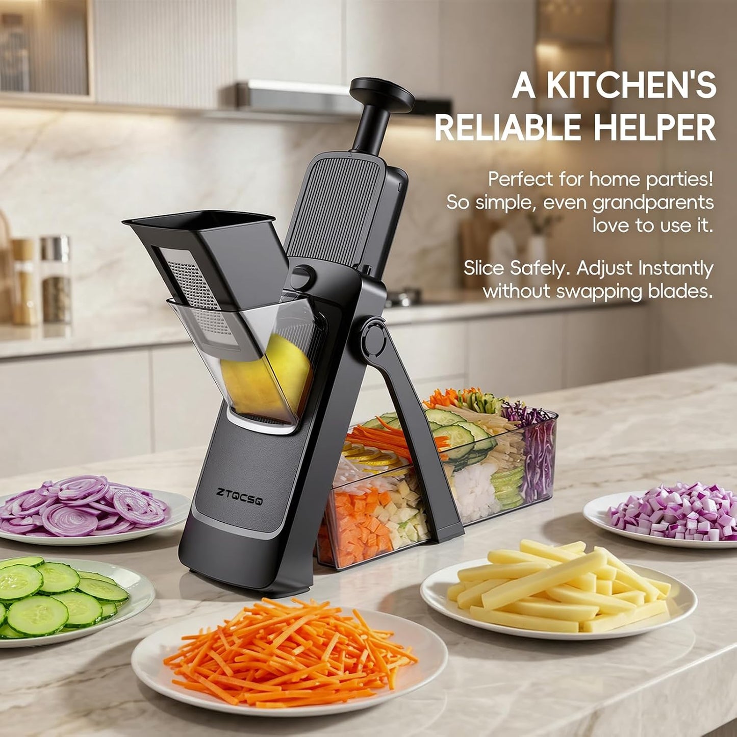 [7 in 1 ] Vegetable Slicer for Kitchen, Safe Mandoline Slicer, Adjustable Veggie Potato French Fry Cutter, Wider Tray & Stainless Steel Grater & Filter Basket & Lid & Cleaning Brush (Gray Pro)