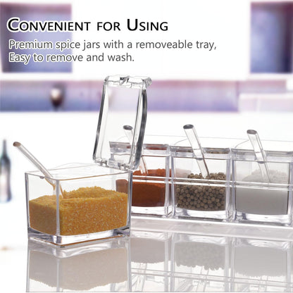 V·RESOURCING Clear Seasoning Box, 3 Pieces Seasoning Rack Spice Pots Storage Container for Spice Salt Sugar Cruet Liquid,Condiment Jars with 3 Spoons