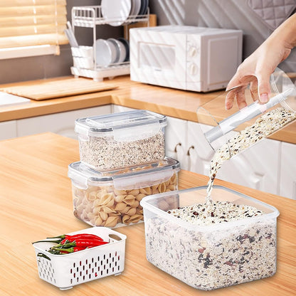 3Pack Fridge Food Storage Container Set with Lids with Strainer,Plastic Fresh Produce Saver Vegetable Fruit Meat Storage Organization, BPA-Free Plastic Produce Keepers(3.15L+1.7L+0.8L)