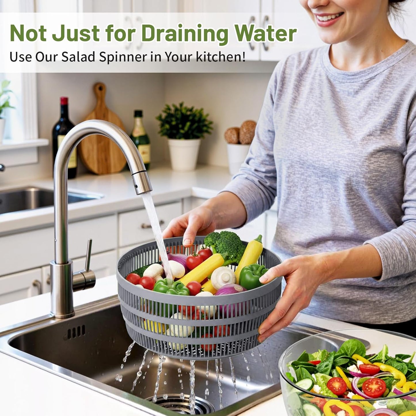 Salad Spinner, 5.3 QT Lettuce Spinner with Strainer, Fruit Cleaner with 4 Replaceable Blade for Shredding, Slicing and Pureeing, Salad Washer & Dryer for Quick Washing (Green)