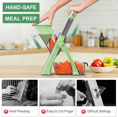 [All in 1] Upgraded Version Safe Mandoline Slicer for Kitchen, Adjustable Thickness. Veggie Slicer, Rapid Prep Mandoline, Detachable Blade, Cleaning Brush/Paring Knife (Black Knight)