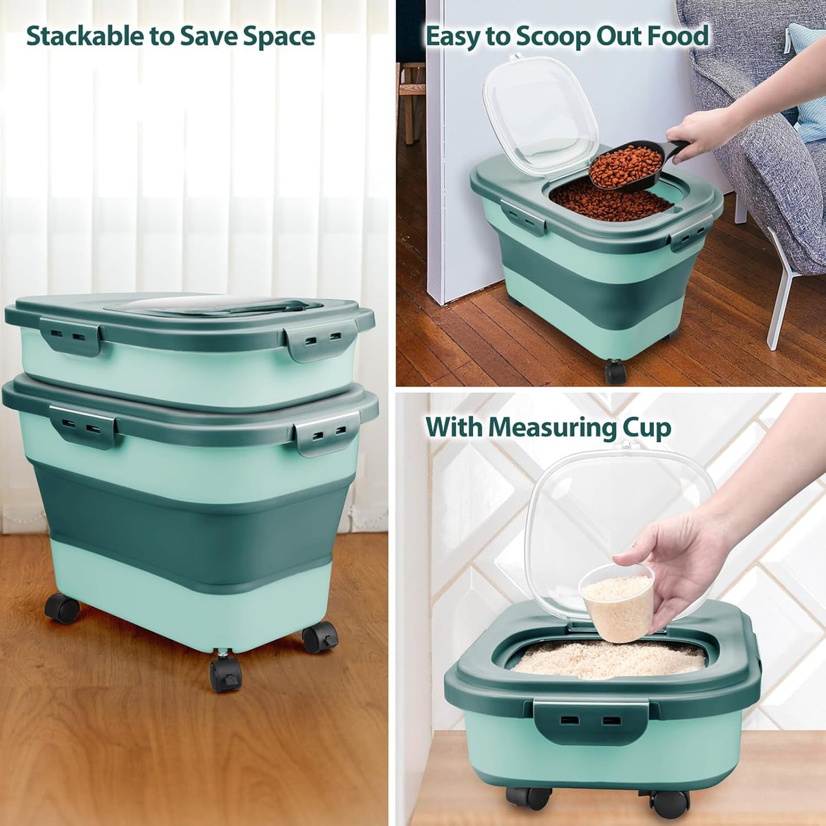 Viretec Dog Food Storage Container, 10-20Lbs Collapsible Pet Food Storage Containers with Rolling Wheel Airtight Locking Lid, Dry Food Storage Bin with Cup and Scoop,Suitable for Pet Food, Rice, Flour