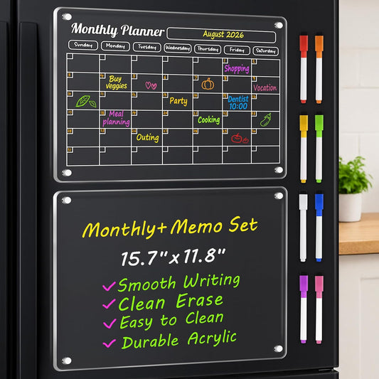 VNDUEEY Acrylic Fridge Calendar, 4 Pack Magnetic Calendars for Refrigerator, Magnetic Dry Erase Board Calendar for Fridge, 2026 Clear Monthly Weekly Daily Memo Planner Boards with 8 Color Markers