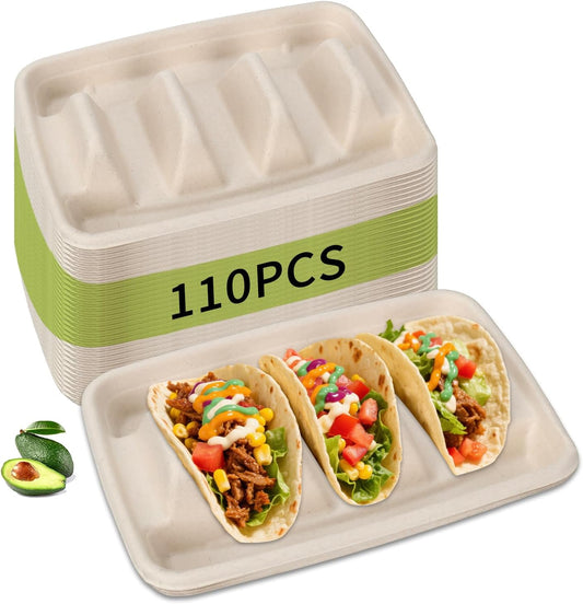110 Pack Disposable Taco Holders,Taco Plates Disposable with 3 Dividers for Taco Tuesday Decorations and Party Taco Bar Serving Set