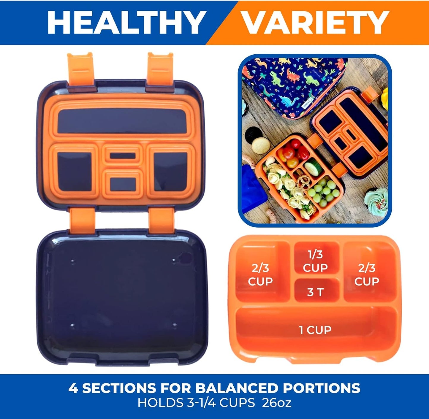 Kinsho Bento Lunch Box for Kids Toddlers, 5 Portion Control Sections, BPA Free Removable Plastic Tray, Pre-School Kid Toddler Daycare Lunches, Snack Container Ages 3 to 7 (Blue Space Rockets)