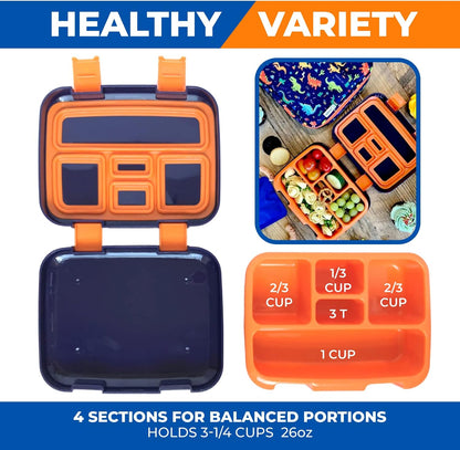 Kinsho Bento Lunch Box for Kids Toddlers, 5 Portion Control Sections, BPA Free Removable Plastic Tray, Pre-School Kid Toddler Daycare Lunches, Snack Container Ages 3 to 7 (Blue Space Rockets)