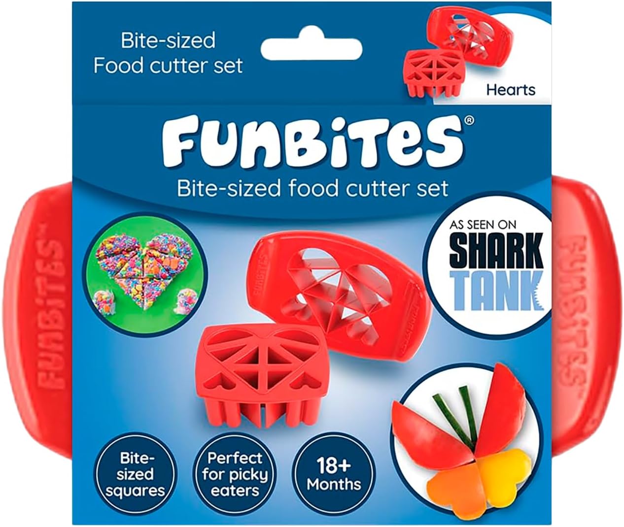 FUNBITES Crustless Sandwich Cutter for Kids Lunch, Uncrustable Sandwich Cutter (6-piece set), Bite-Size Food Cutter for Toddlers, Bento Box Accessories, Dishwasher Safe, Squares/Hearts/Triangles 3pk