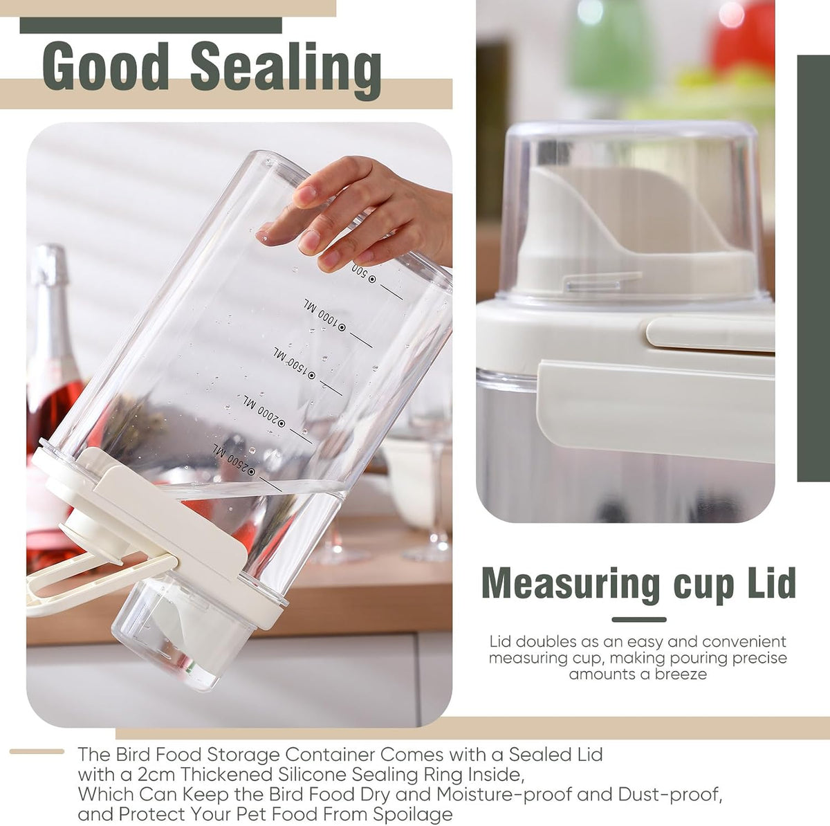 Maxdot 2 Pcs Bird Seed Storage Container 3 Qt/2.8 L with Tight Lids Airtight Cup Pet Food Storage Measuring Containers Lids with Pouring Spouts for Macaws African Grey Cockatoos (Beige)
