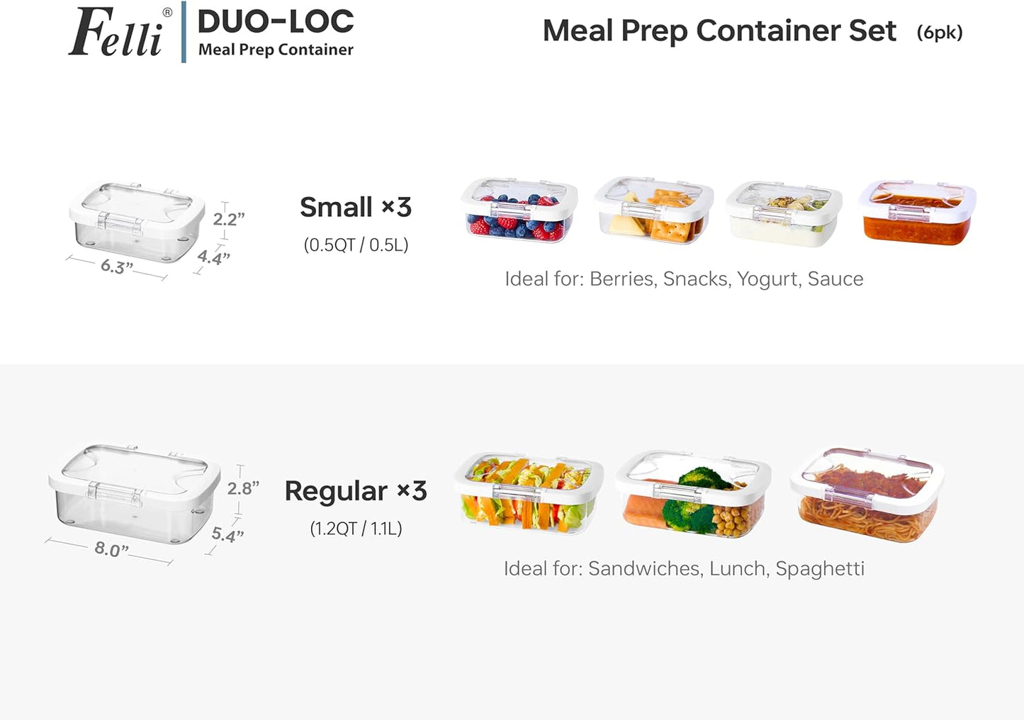 Felli Duo Loc Tritan Meal Prep Containers Microwave Safe BPA FREE, Leak Proof Lunchable Container for Leftovers Kitchen Fridge Freezer, Reusable Plastic On the Go Lunch Travel Box (Beginner 3pk)