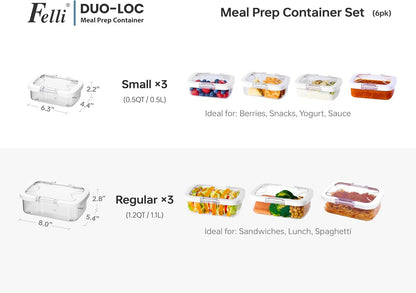 Felli Duo Loc Tritan Meal Prep Containers Microwave Safe BPA FREE, Leak Proof Lunchable Container for Leftovers Kitchen Fridge Freezer, Reusable Plastic On the Go Lunch Travel Box (Beginner 3pk)