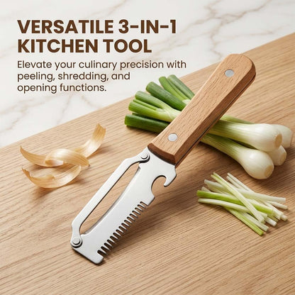 Multi-Functional Vegetable Peeler with Julienne Slicer & Bottle Opener, Stainless Steel Blade & Wooden Handle, Ergonomic Kitchen Tool for Peeling, Slicing & Shredding Fruits & Veggies (Style-A, 1PC)