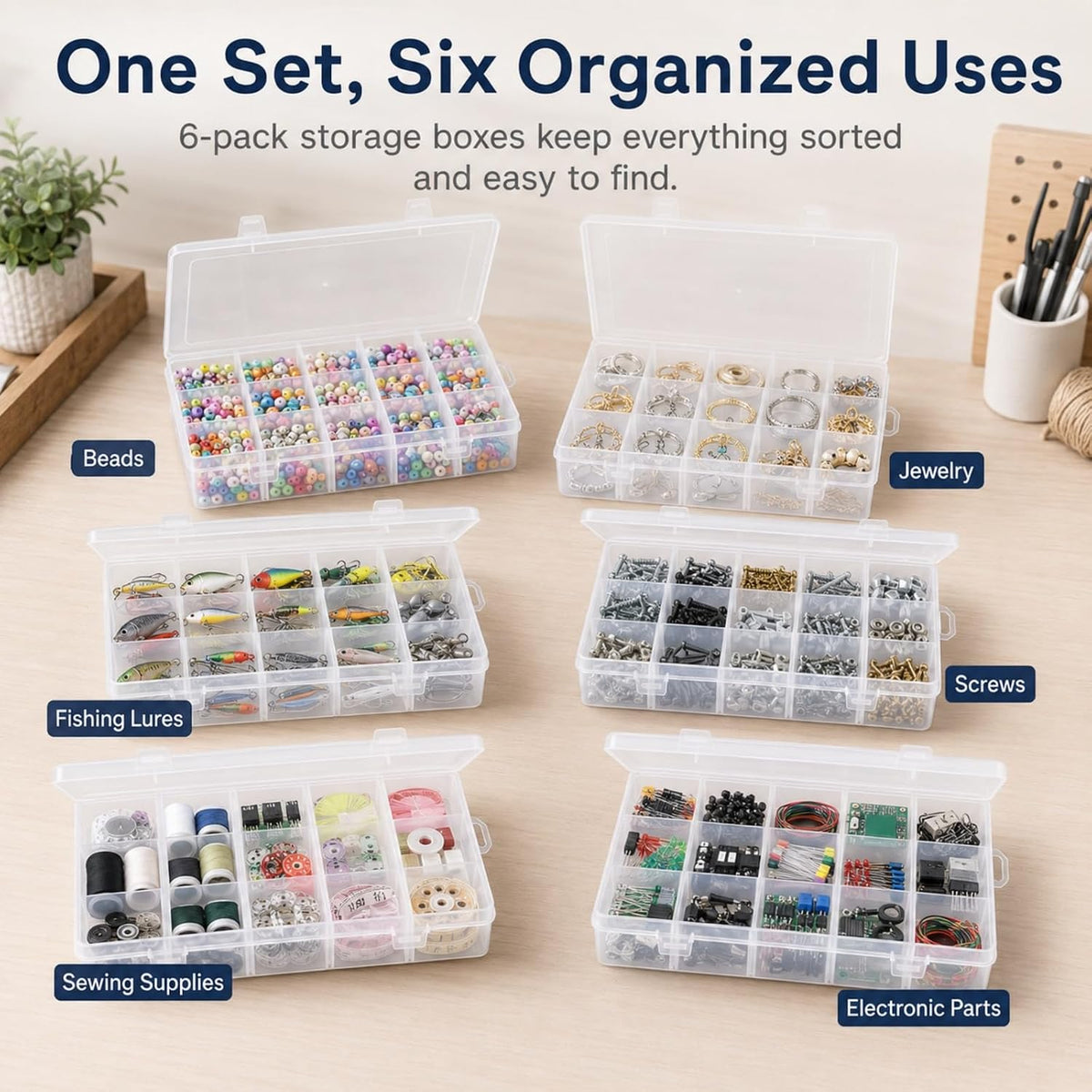 APACALI 6 Pack Plastic Organizer Box with Dividers, 18 Grids Clear Tackle Box Organizer, Adjustable Compartment Storage Boxes for Beads, Jewelry, Crafts, Fishing Lures, Screws and Small Parts