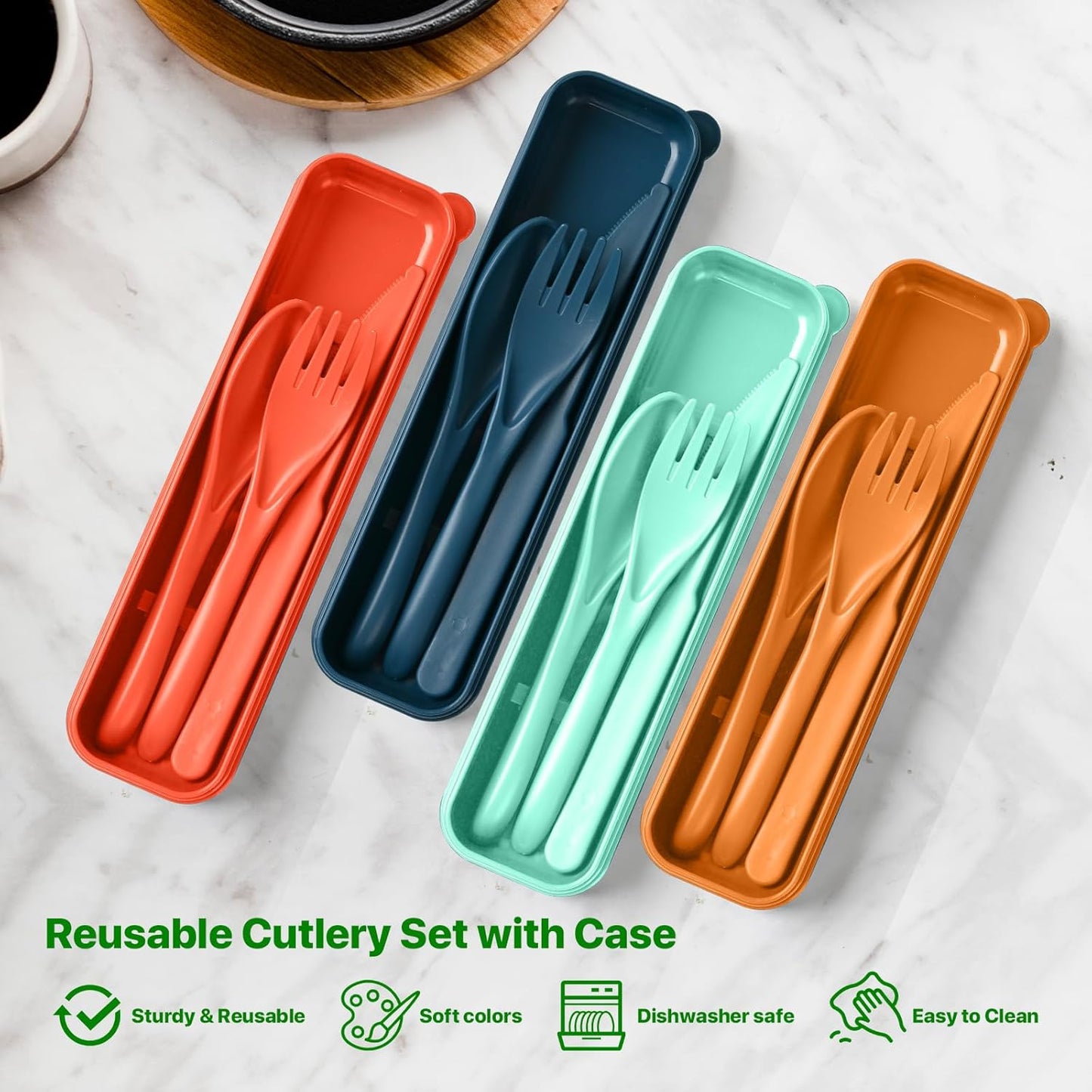 Travel Utensils with Case, 2 Sets Reusable Utensils Set with Case, Wheat Straw Utensils for Lunch Box Accessories, Camping Utensil Set for School Work Lunch or Daily Use（Black）