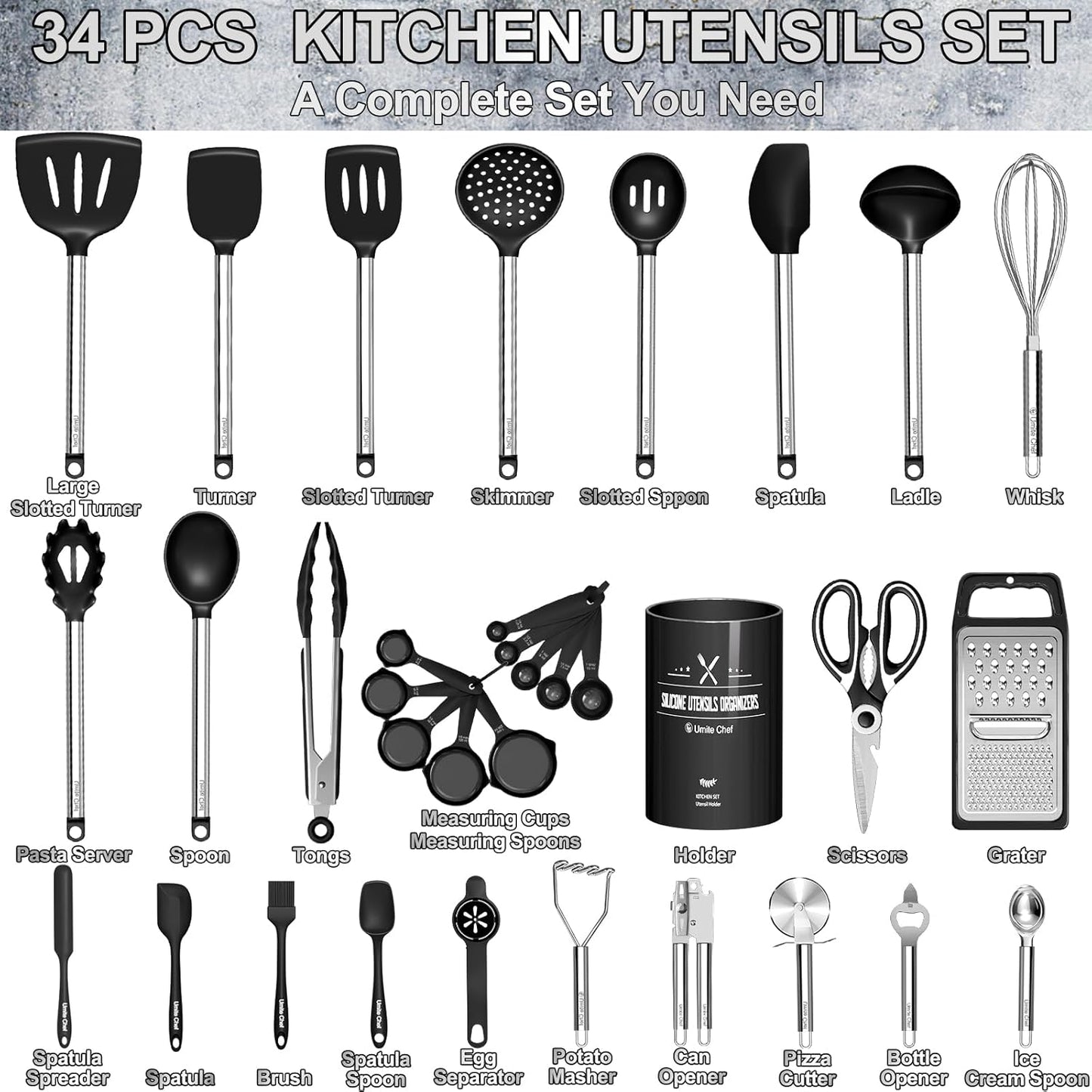 Kitchen Utensils Set- Umite Chef 34 PCs Cooking Utensils with Grater, Spoon Spatula, Heat Resistant Food Grade Silicone, Stainless Steel Handles Kitchen Gadgets Tools Set for Nonstick Cookware(Red)