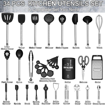 Kitchen Utensils Set- Umite Chef 34 PCs Cooking Utensils with Grater, Spoon Spatula, Heat Resistant Food Grade Silicone, Stainless Steel Handles Kitchen Gadgets Tools Set for Nonstick Cookware(Red)