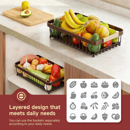 Sevenblue 2 Tier Large Fruit Basket for Kitchen Counter with 2 Mobile Banana Hangers, 2026 Pro Detachable Metal Fruit Bowl with Wooden Handle, Fruit Holder for Bread Snack Veggies with Protective Mats