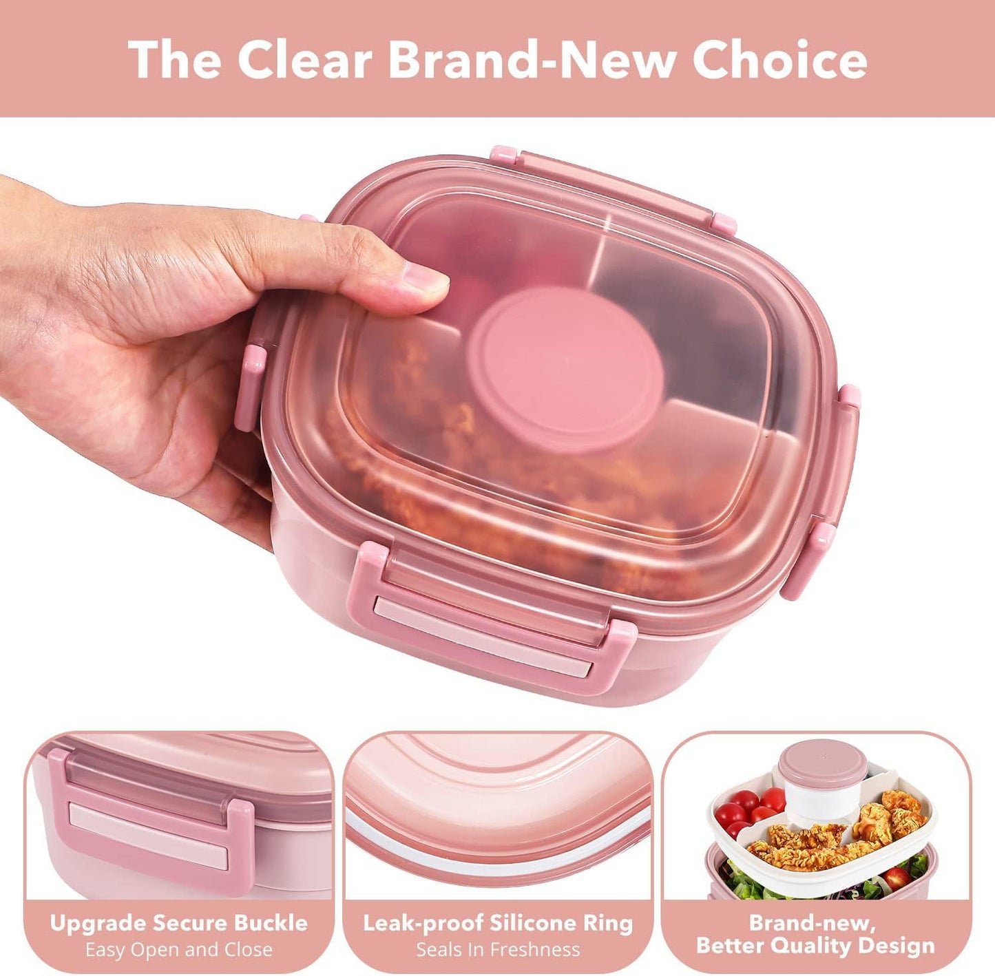 Salad Container for Lunch - 55 oz Salad Bowl with 4-Compartment Bento-Style Tray, 3 oz Sauce Box, Reusable Spork & BPA-Free, Lunch Box for Meal Prep & Food Storage(Gray)