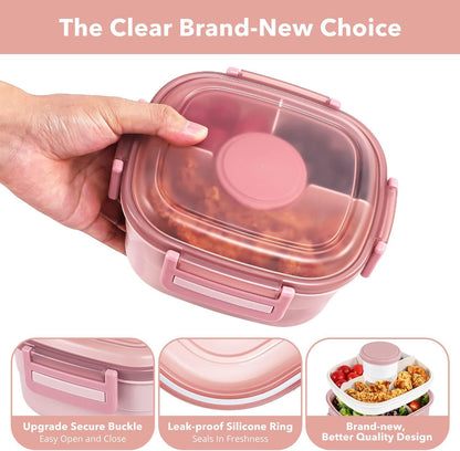 Salad Container for Lunch - 55 oz Salad Bowl with 4-Compartment Bento-Style Tray, 3 oz Sauce Box, Reusable Spork & BPA-Free, Lunch Box for Meal Prep & Food Storage(Gray)