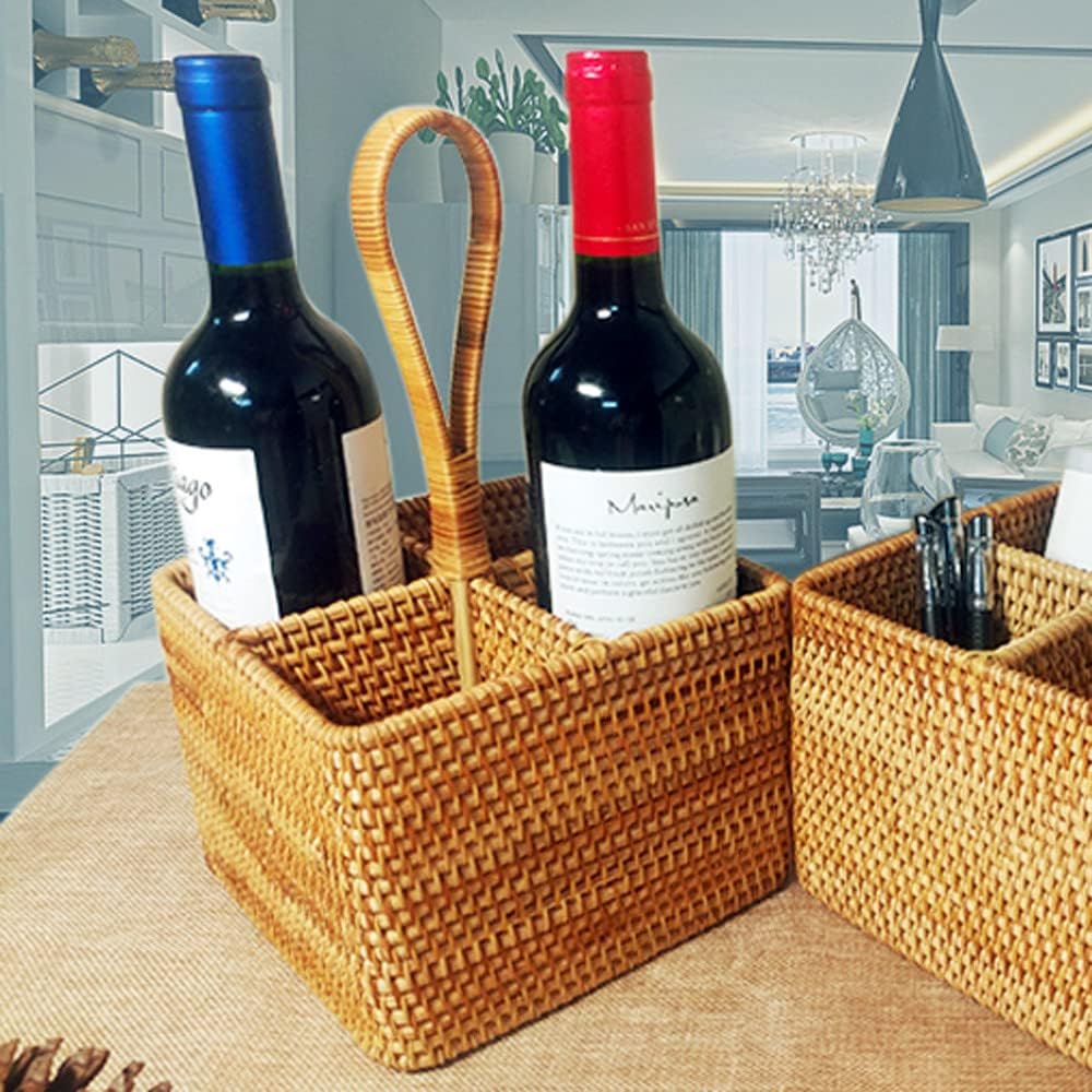 i-lan Set of 2 Rattan Utensil Caddy with Handle (7 Inch) - 4-Section Woven Wicker Silverware Holder for Tea Bags & Condiments, Boho Divided Organizer Basket for Kitchen Countertop, Party & Picnic