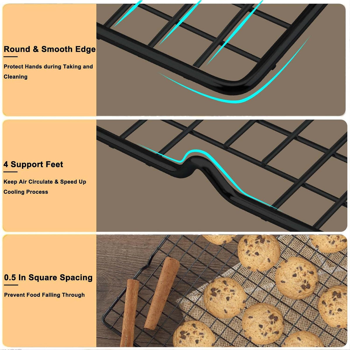 Hunnycook 15.8”×9.8” Cooling Rack, 3P Stainless Steel Baking Rack, Oven Safe Cooling Racks for Cooking and Baking, Black Roasting Rack & Wire Rack & Cookie Cooling Rack for Roasting, Grilling, Drying