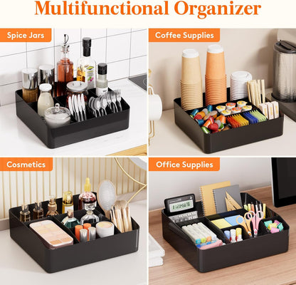 Lifewit Paper Plate Organizer for Kitchen Countertop, Plastic Silverware Caddy for Party, Utensil Holder with 7 Compartment, Cutlery Flatware Dispenser Box for Cup Spoon Fork Napkin, Black, 29 -31cm