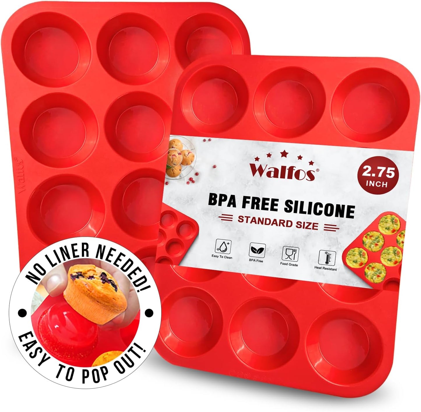 Walfos Silicone Muffin Pan - 12 Cups Regular Silicone Cupcake Pan, Non-stick Great for Making Muffin Cakes, Tart, Bread - BPA Free and Dishwasher Safe