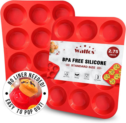 Walfos Silicone Muffin Pan - 12 Cups Regular Silicone Cupcake Pan, Non-stick Great for Making Muffin Cakes, Tart, Bread - BPA Free and Dishwasher Safe