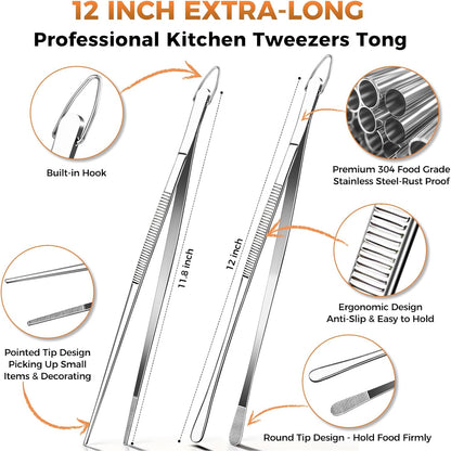 12 Inch Kitchen Tweezer Tongs, 2 PCS Stainless Steel Round & Precision Pointed Tip Extra Long Tweezers Multi-Use Kitchen Tweezers for Cooking, BBQ, plating, Grilling & Food Prep