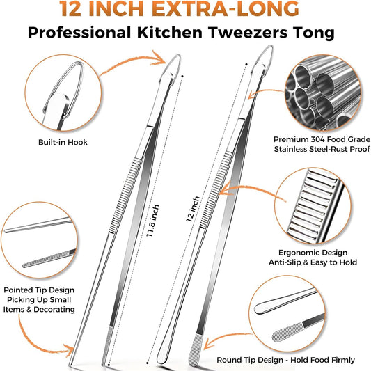 12 Inch Kitchen Tweezer Tongs, 2 PCS Stainless Steel Round & Precision Pointed Tip Extra Long Tweezers Multi-Use Kitchen Tweezers for Cooking, BBQ, plating, Grilling & Food Prep