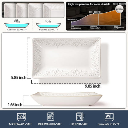 Artena 9.85" Ceramic Rectangle Plates Set of 4 - Deep Lipped Edges, Appetizer Salad Sushi Pasta Dessert Plates, Microwave/Oven Safe, Cute Kitchen Dinner Restaurant Serving Dishes (Wheat Leaf)