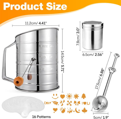4 in1 Flour Sifter Stainless Steel, 5 Cup Flour Sifter for Baking, Sifter for Baking with Powdered Sugar Duster Set, Flour Shaker Duster for Baking Cakes, Pies, Pastries, Desserts and Cupcakes